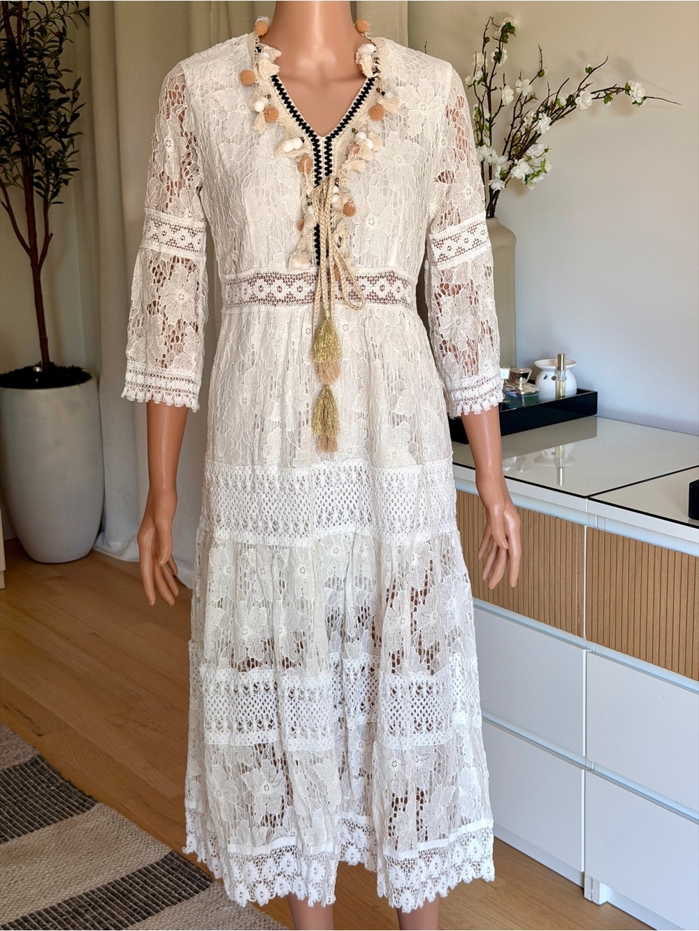 Bohemian White Lace Midi Dress with Tassel Detail